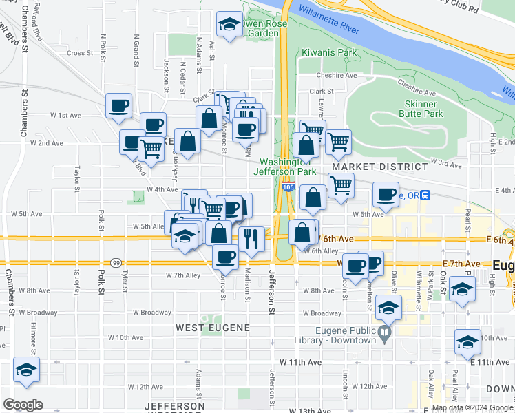 map of restaurants, bars, coffee shops, grocery stores, and more near 14 West 4th Alley in Eugene