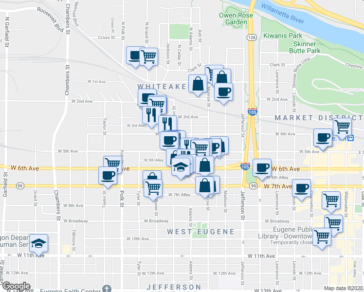 map of restaurants, bars, coffee shops, grocery stores, and more near 442 Adams Street in Eugene