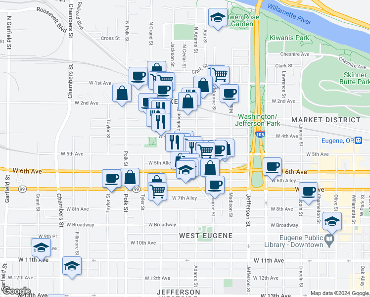 map of restaurants, bars, coffee shops, grocery stores, and more near 1012 West 4th Avenue in Eugene