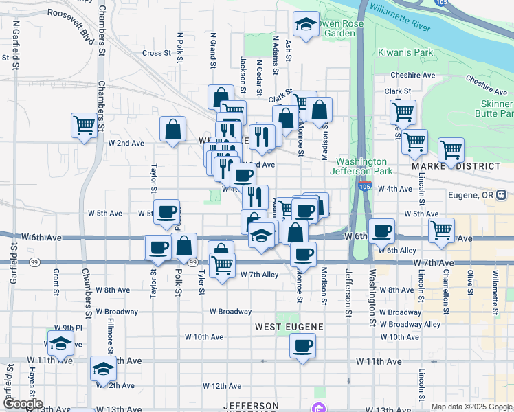 map of restaurants, bars, coffee shops, grocery stores, and more near 1012 West 4th Avenue in Eugene