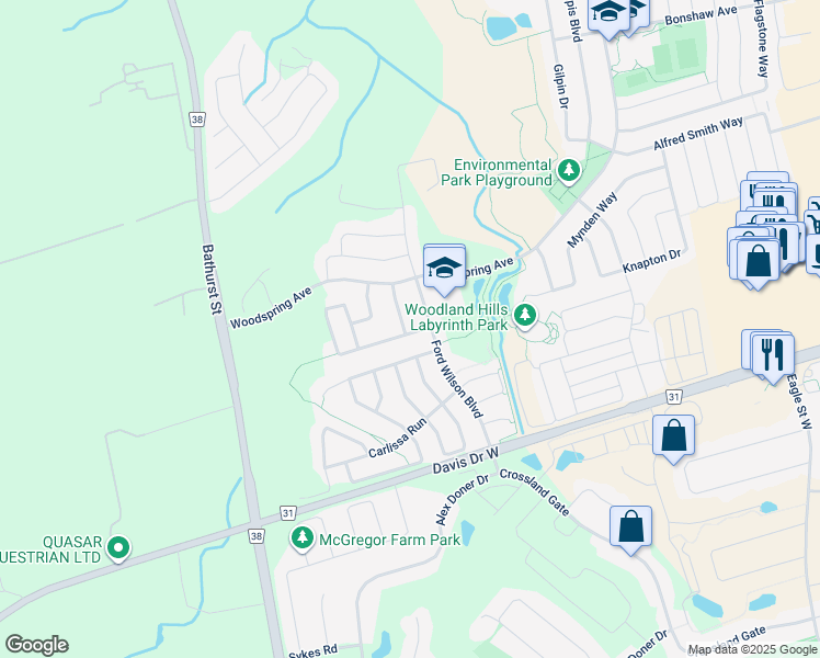 map of restaurants, bars, coffee shops, grocery stores, and more near 72 Patti McCulloch Way in Newmarket