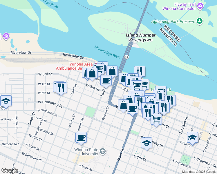 map of restaurants, bars, coffee shops, grocery stores, and more near 275 West 3rd Street in Winona