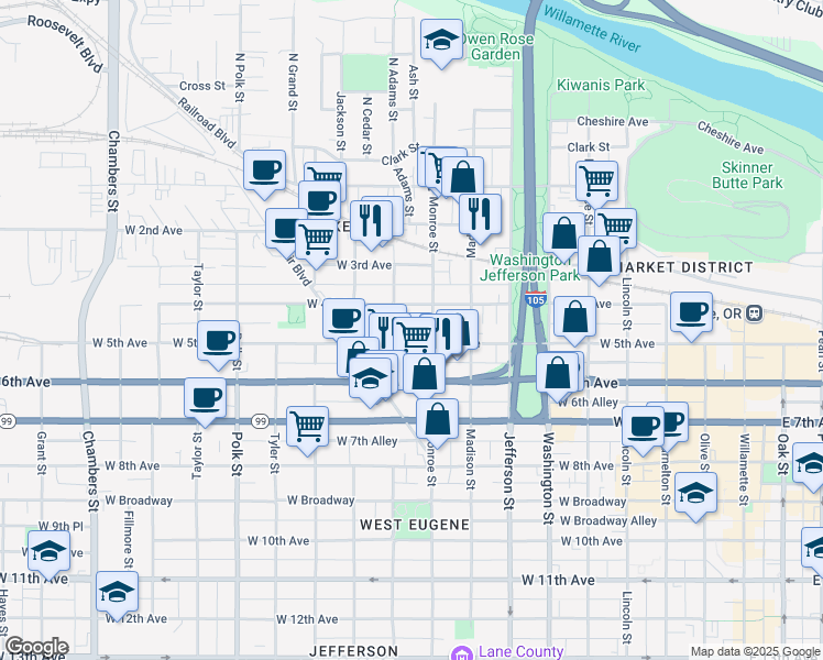 map of restaurants, bars, coffee shops, grocery stores, and more near 857 West 4th Alley in Eugene