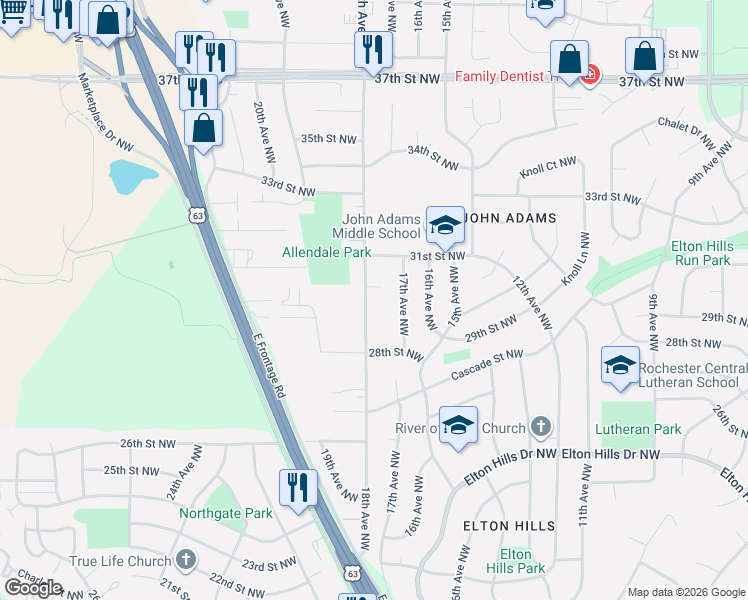 map of restaurants, bars, coffee shops, grocery stores, and more near 1734 30th Street Northwest in Rochester