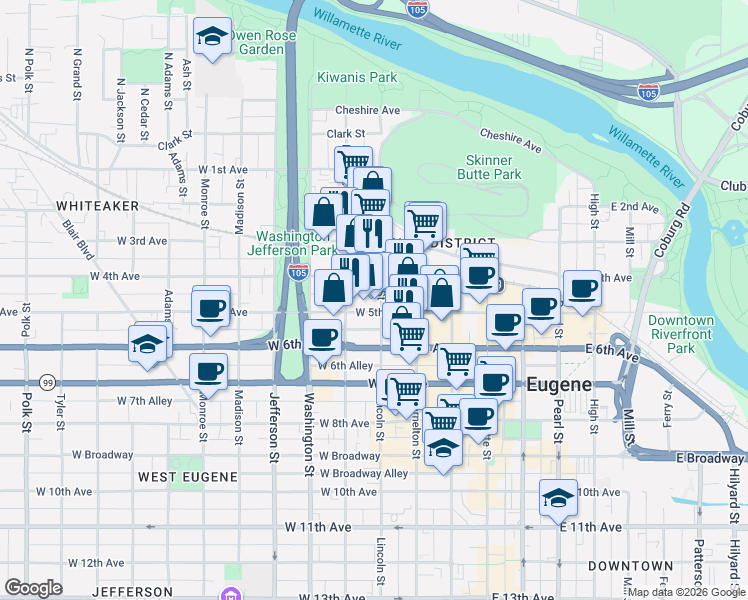 map of restaurants, bars, coffee shops, grocery stores, and more near 444 Lincoln Street in Eugene