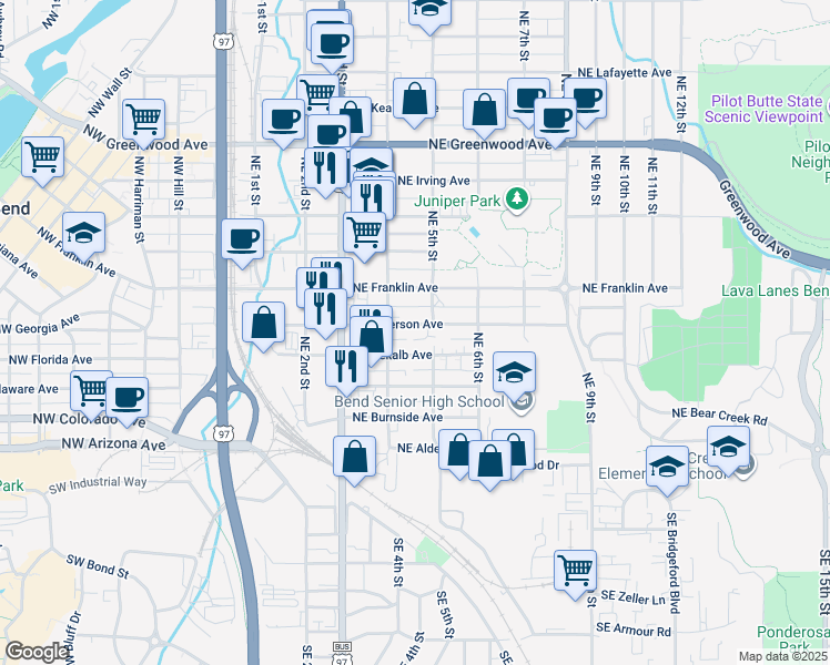 map of restaurants, bars, coffee shops, grocery stores, and more near 445 Northeast Emerson Avenue in Bend