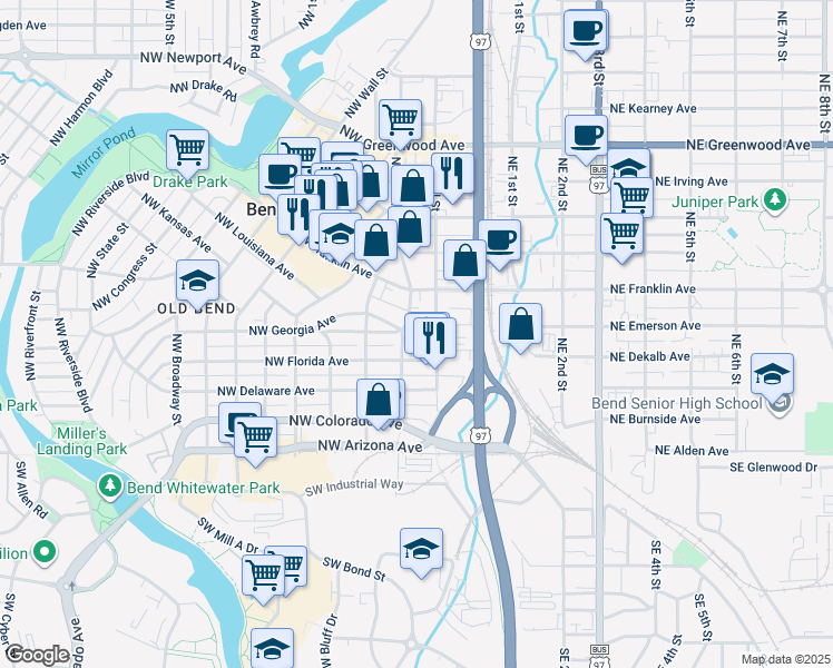 map of restaurants, bars, coffee shops, grocery stores, and more near 128 Northwest Georgia Avenue in Bend