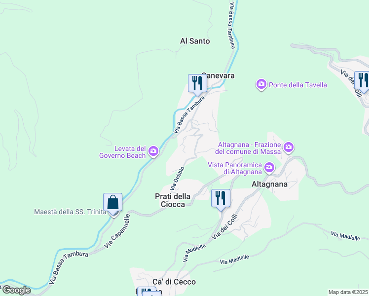 map of restaurants, bars, coffee shops, grocery stores, and more near 45 Via Debbio in Canevara