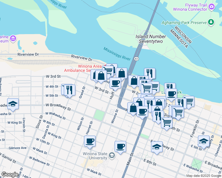 map of restaurants, bars, coffee shops, grocery stores, and more near 121 Huff Street in Winona