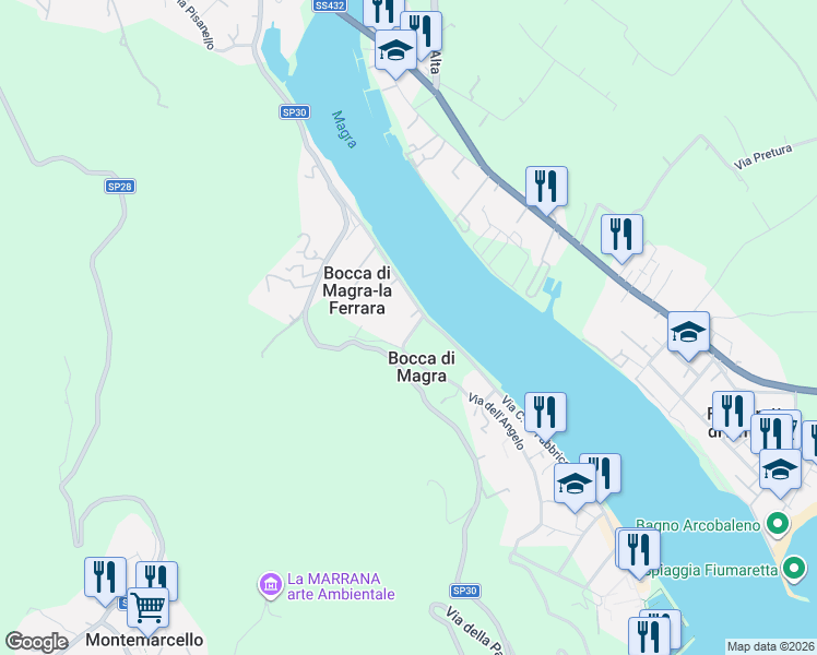 map of restaurants, bars, coffee shops, grocery stores, and more near 57 Via dell'Angelo in Bocca di Magra-la Ferrara
