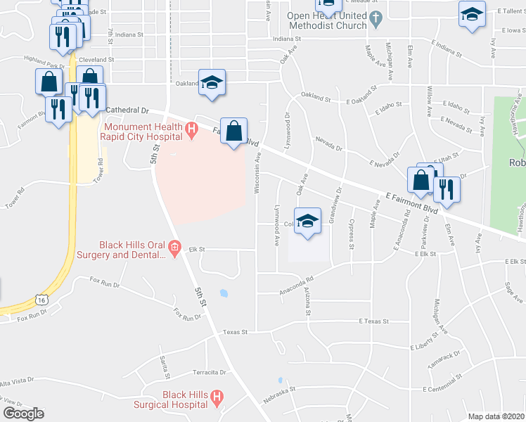 map of restaurants, bars, coffee shops, grocery stores, and more near 3114 Wisconsin Avenue in Rapid City