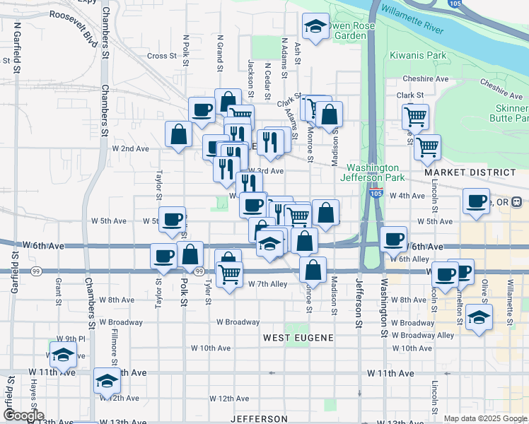 map of restaurants, bars, coffee shops, grocery stores, and more near 975 West 5th Avenue in Eugene