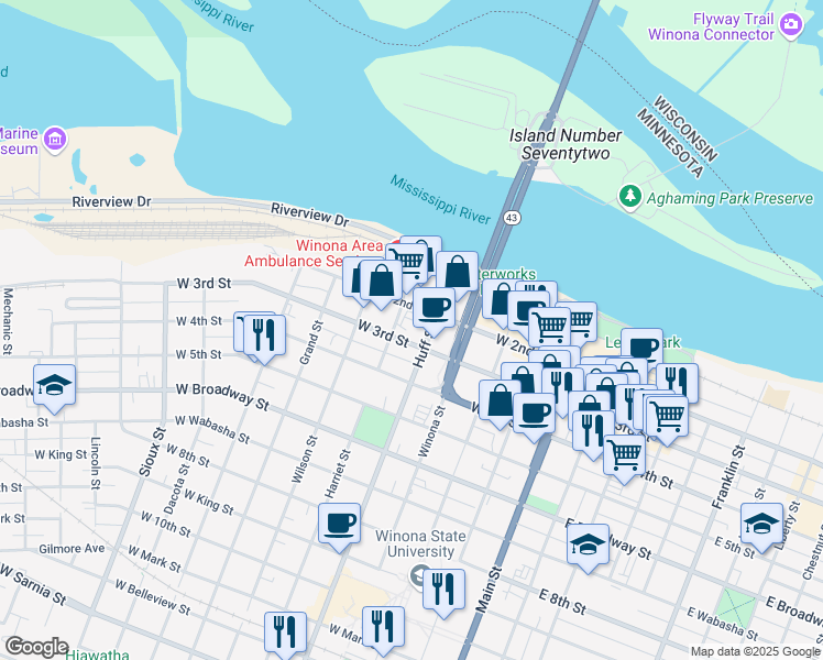 map of restaurants, bars, coffee shops, grocery stores, and more near 121 Huff Street in Winona