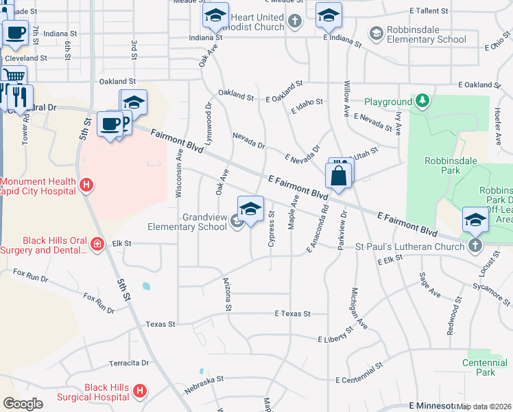 map of restaurants, bars, coffee shops, grocery stores, and more near 3107 Grandview Dr in Rapid City