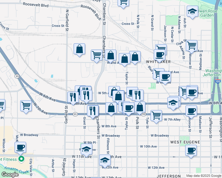 map of restaurants, bars, coffee shops, grocery stores, and more near 1593 W 5th Ave in Eugene