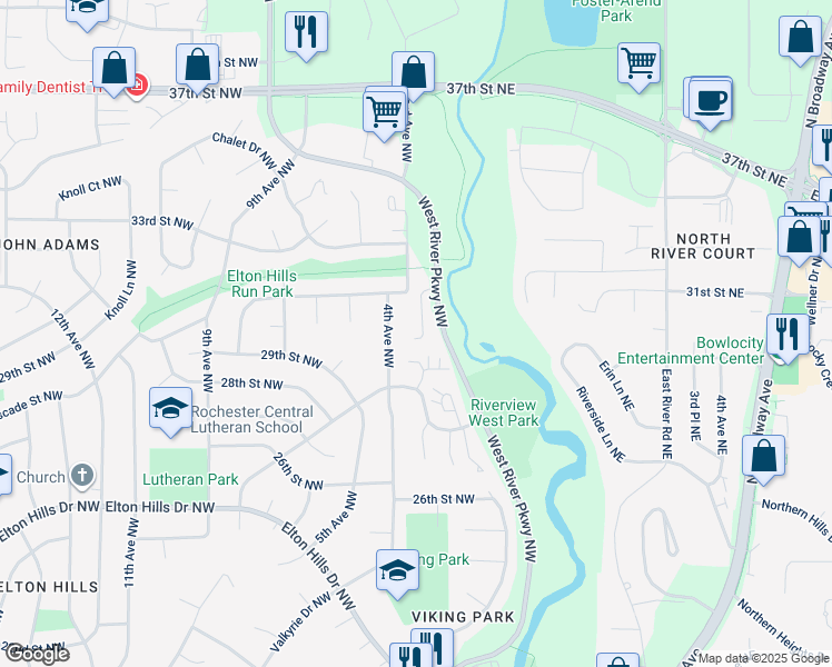 map of restaurants, bars, coffee shops, grocery stores, and more near 2928 4th Avenue Northwest in Rochester