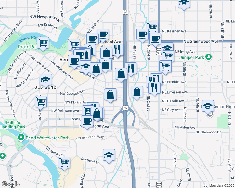 map of restaurants, bars, coffee shops, grocery stores, and more near 45 Northwest Park Place in Bend