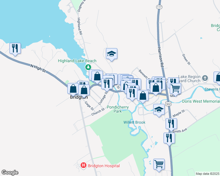 map of restaurants, bars, coffee shops, grocery stores, and more near 34 Main Street in Bridgton