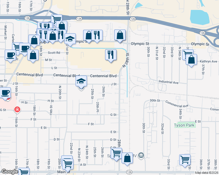 map of restaurants, bars, coffee shops, grocery stores, and more near 2649 J Street in Springfield