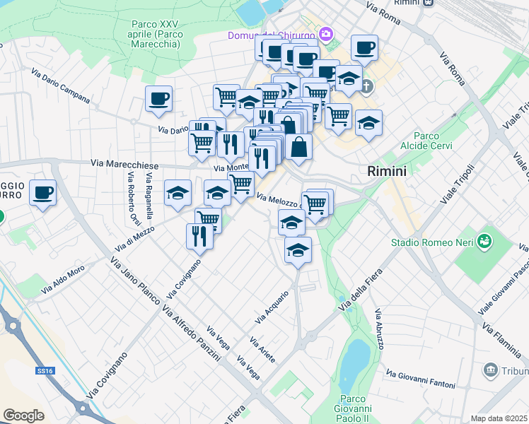 map of restaurants, bars, coffee shops, grocery stores, and more near 32 Via Monte Titano in Rimini