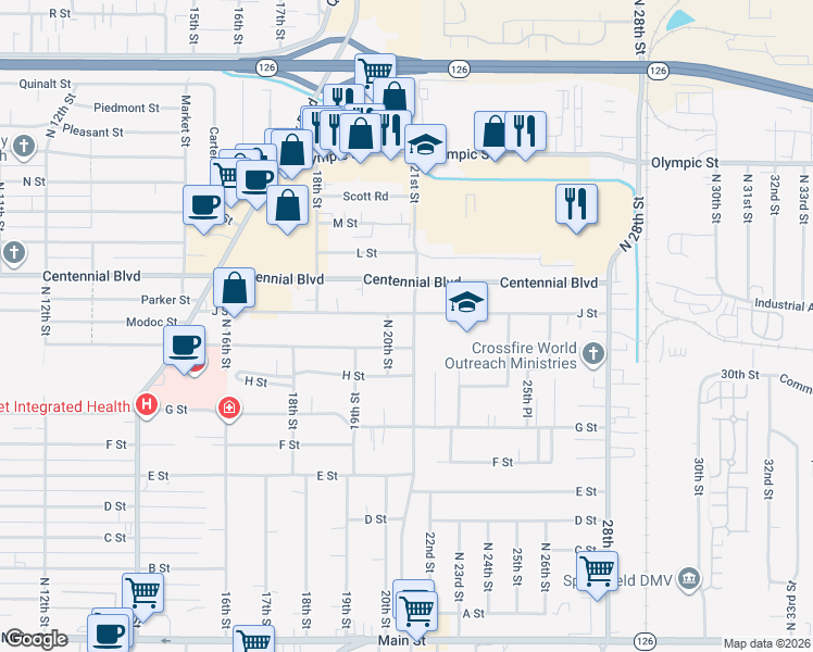 map of restaurants, bars, coffee shops, grocery stores, and more near 2118 J Street in Springfield