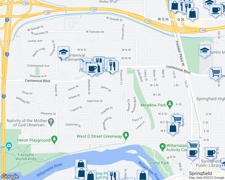 map of restaurants, bars, coffee shops, grocery stores, and more near 532 Janus Street in Springfield