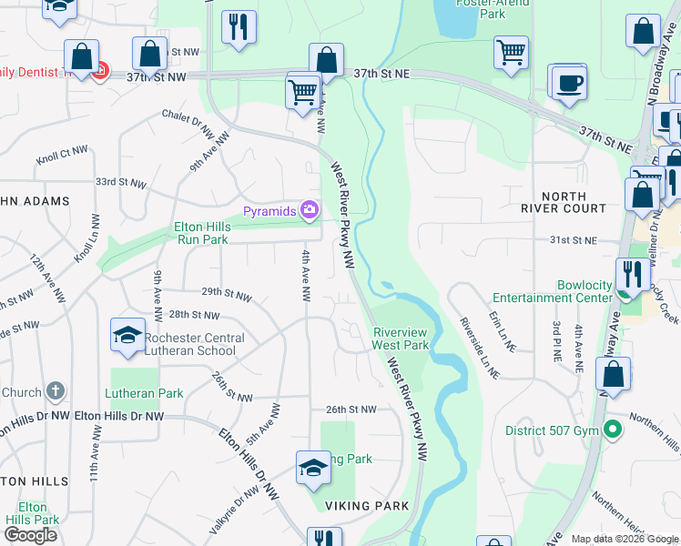 map of restaurants, bars, coffee shops, grocery stores, and more near 3042 Venice Lane Northwest in Rochester