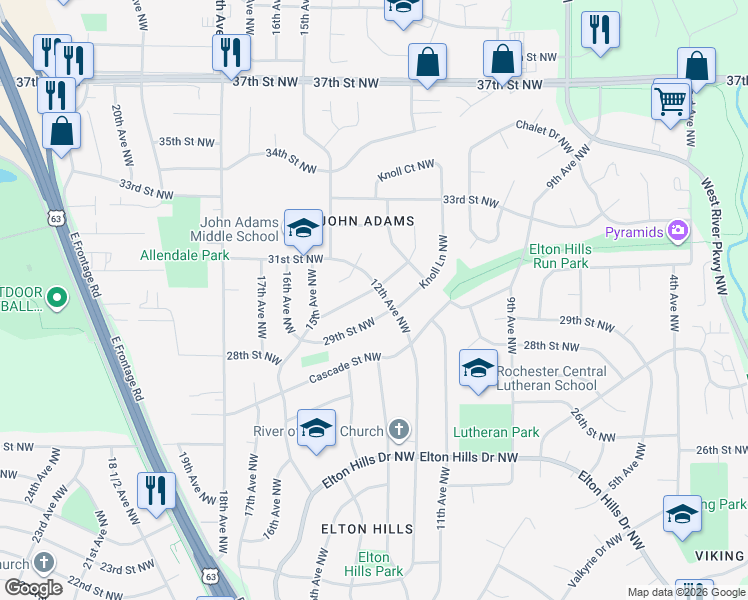map of restaurants, bars, coffee shops, grocery stores, and more near 1210 30th Street Northwest in Rochester