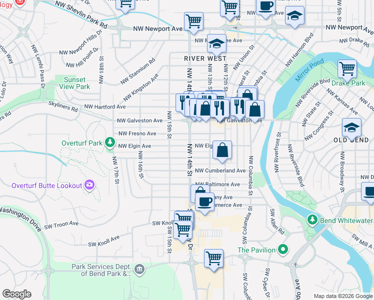 map of restaurants, bars, coffee shops, grocery stores, and more near in Bend