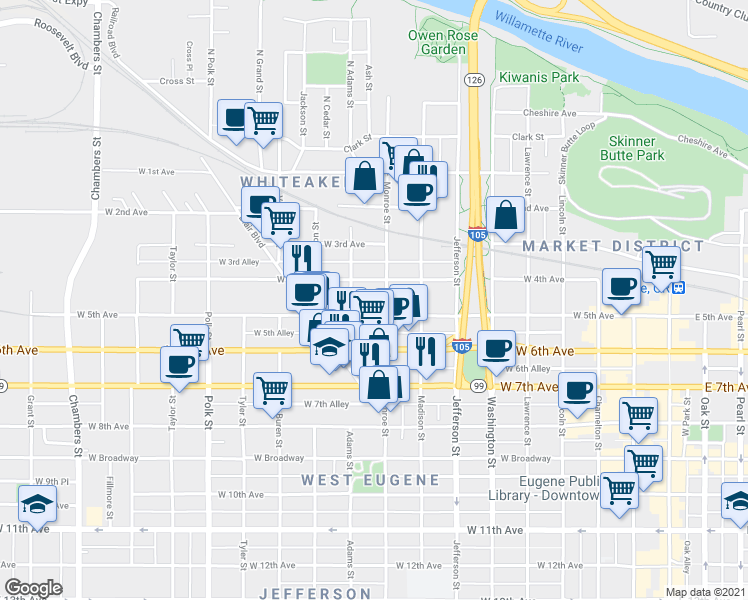 map of restaurants, bars, coffee shops, grocery stores, and more near 857 West 4th Alley in Eugene