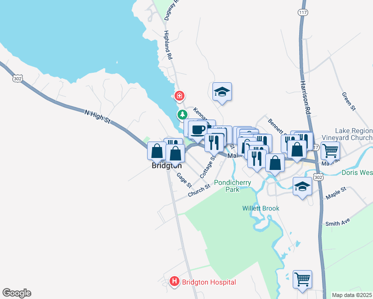 map of restaurants, bars, coffee shops, grocery stores, and more near in Bridgton