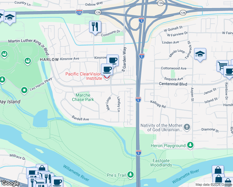 map of restaurants, bars, coffee shops, grocery stores, and more near 427 Colt Drive in Eugene