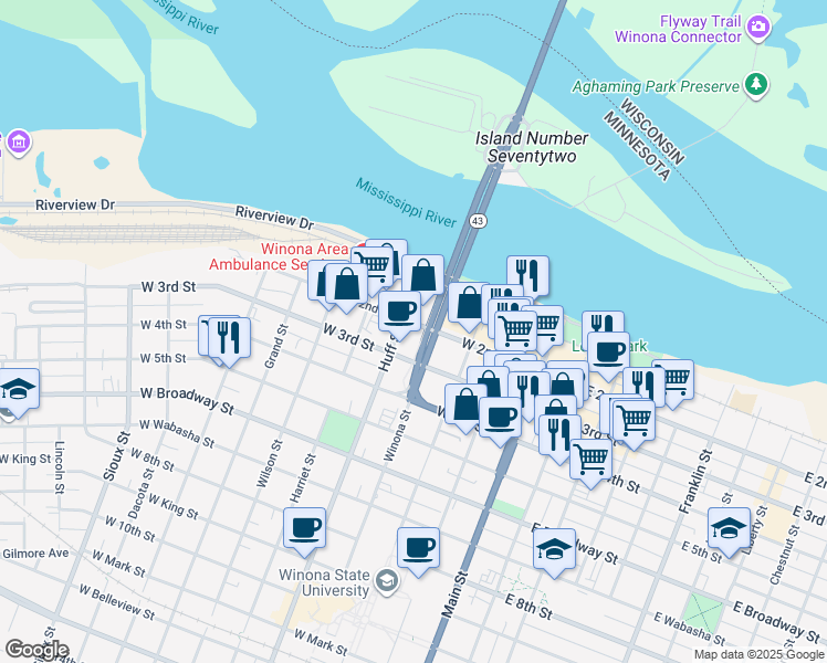 map of restaurants, bars, coffee shops, grocery stores, and more near 275 West 3rd Street in Winona