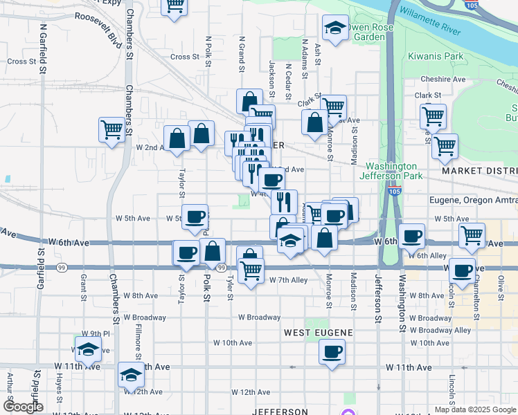map of restaurants, bars, coffee shops, grocery stores, and more near 1100 West 4th Avenue in Eugene