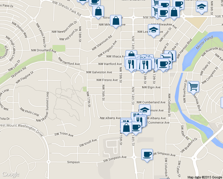 map of restaurants, bars, coffee shops, grocery stores, and more near 1567 Northwest Elgin Avenue in Bend