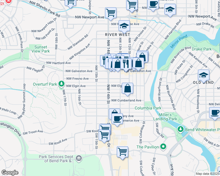 map of restaurants, bars, coffee shops, grocery stores, and more near in Bend