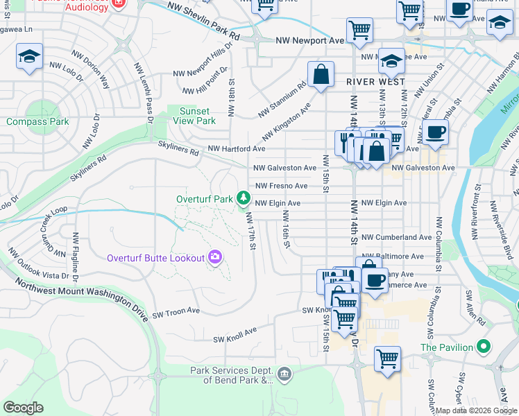 map of restaurants, bars, coffee shops, grocery stores, and more near 1675 Northwest Elgin Avenue in Bend