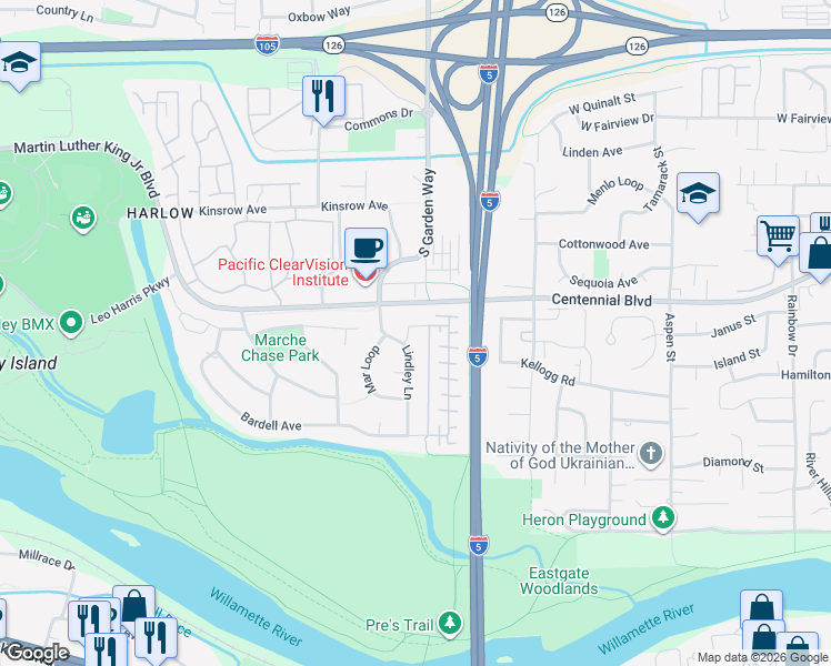 map of restaurants, bars, coffee shops, grocery stores, and more near 427 Colt Drive in Eugene