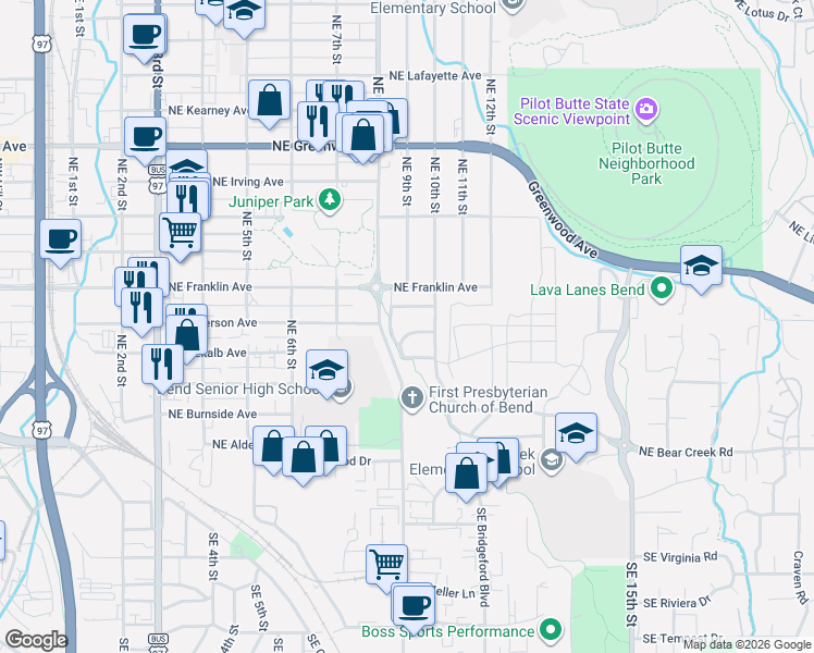 map of restaurants, bars, coffee shops, grocery stores, and more near 914 Northeast Emerson Avenue in Bend