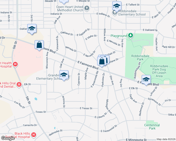 map of restaurants, bars, coffee shops, grocery stores, and more near 218 East Montana Street in Rapid City