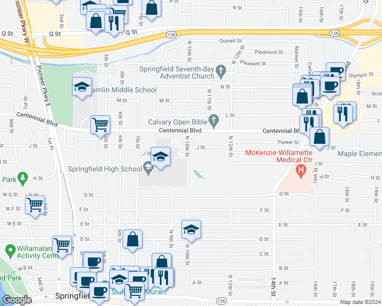 map of restaurants, bars, coffee shops, grocery stores, and more near 1029 J Street in Springfield