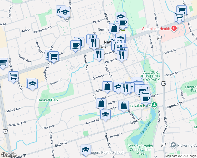 map of restaurants, bars, coffee shops, grocery stores, and more near 103 Arden Avenue in Newmarket