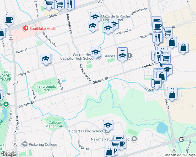 map of restaurants, bars, coffee shops, grocery stores, and more near 210 Thornwillow Court in Newmarket