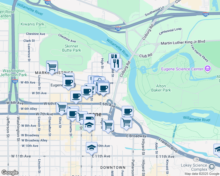 map of restaurants, bars, coffee shops, grocery stores, and more near 411 High Street in Eugene