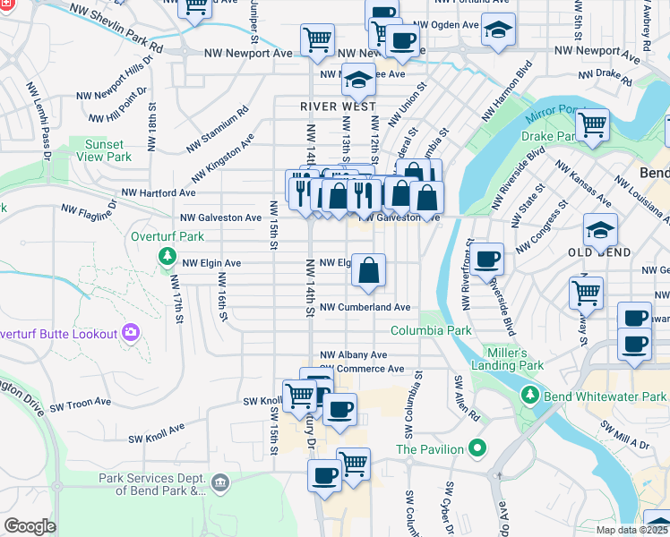 map of restaurants, bars, coffee shops, grocery stores, and more near 1333 Northwest Elgin Avenue in Bend