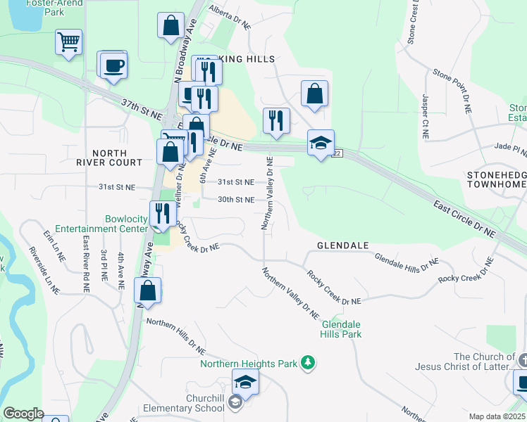 map of restaurants, bars, coffee shops, grocery stores, and more near 2921 Northern Valley Drive Northeast in Rochester
