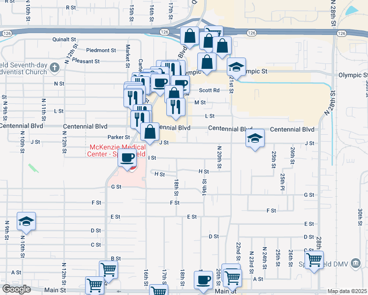 map of restaurants, bars, coffee shops, grocery stores, and more near 1805 J Street in Springfield