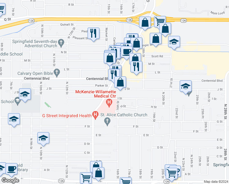 map of restaurants, bars, coffee shops, grocery stores, and more near 1078 16th Street in Springfield