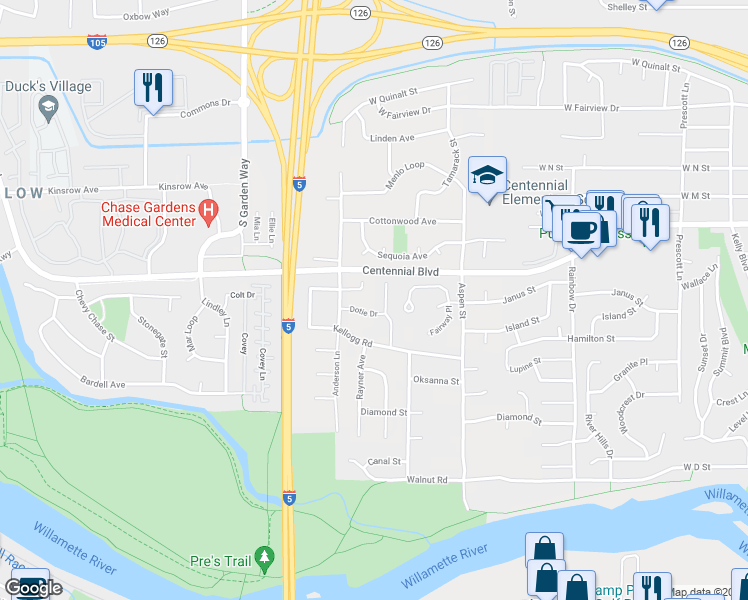 map of restaurants, bars, coffee shops, grocery stores, and more near 1032 Oak Meadows Place in Springfield
