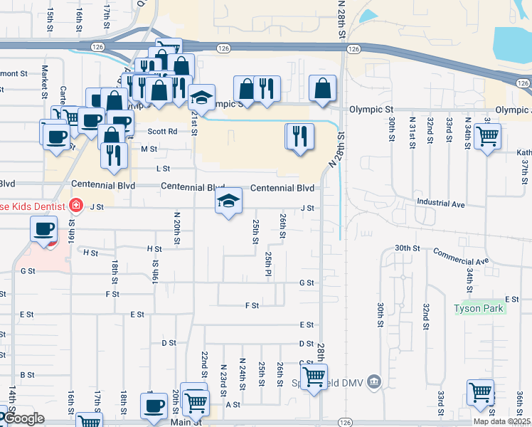 map of restaurants, bars, coffee shops, grocery stores, and more near 2545 J Street in Springfield